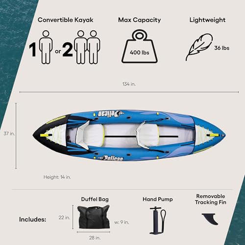 Pelican iESCAPE 110 Inflatable Convertible Kayak - Recreational Single or Tandem Kayak - Compact, Stable and Fun All in One - Transport Bag & Pump Included - 11 ft - Blue