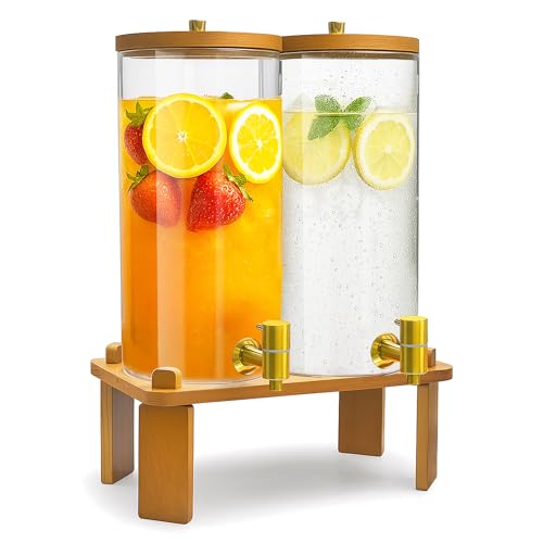 VERSSURE 2PCS Drink Dispenser, 1.5 Gallon Each Glass Beverage Dispenser with Wood Stand and Stainless Steel Faucet Ideal f...
