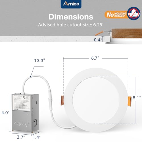 Amico 12 Pack 6 Inch 5CCT Ultra-Thin LED Recessed Ceiling Light with Junction Box, 1050LM Brightness, Dimmable Canless Waf...
