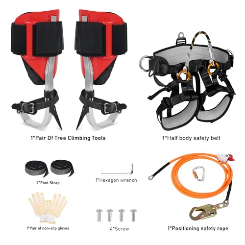 Tree Climbing Spikes Set for Tree Work, Adjustable Tree Climbing Gear with Safety Seat for Tree Climbing and 10FT Steel Wi...