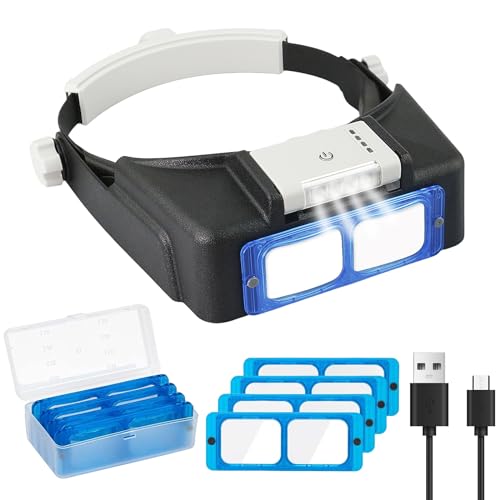 Beileshi Rechargeable Head-Mounted Magnifier with LED Light, Headband Double Lens Illuminated Reading Magnifier Loupe Jewe...