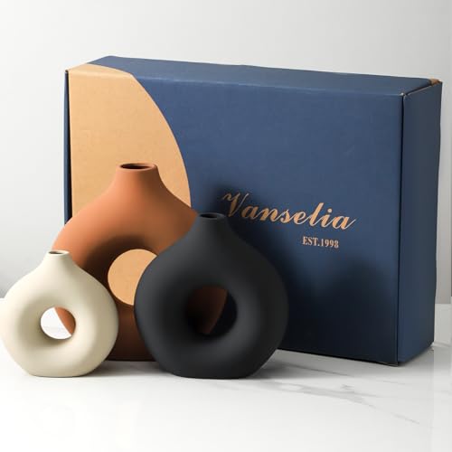 Vanselia Ceramic Vase Home Table Decor - Flower Vases Set of 3 Small Living Room Centerpiece Decorations for Shelf Bedroom...