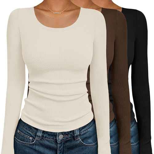 Ekouaer Womens Long Sleeve Shirts 3 Packs Scoop Neck Ribbed Tops Fitted Thermal Undershirt Soft Layering Tees XS-XXL