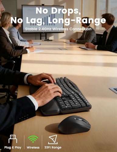 Ergonomic Wireless Keyboard and Mouse Combo, 30dB Quiet Full Size Keyboard Set with Wave Keys & Soft Palm Rest, Dual-Syste...