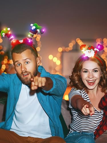 Lighting Up Christmas Headbands, Reindeer Antler Santa Hat Bow Hair Hoop for Xmas Party Favors Decorations