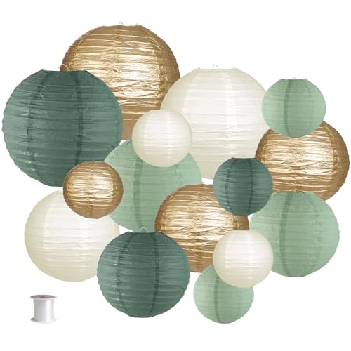 zilue Paper Lanterns Decorative, Round Hanging Paper Lanterns Decorations for Rustic Party Bridal Shower Wedding Sage Gree...