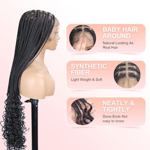 Box Braided Wigs curly ends 32 inch 13X8 Lace Braid Wigs for Black Women Square Knotless Box Braid Wig with Baby Hair Handmade Synthetic Hair Blended Lace Front Wig Natural Black