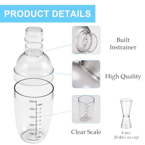Voittozege 12 Pcs Plastic Cocktail Shaker Set, 6 Pcs 17 oz Cocktail Shaker and 6 Pcs Measuring Jigger Set Clear Wine Shake...