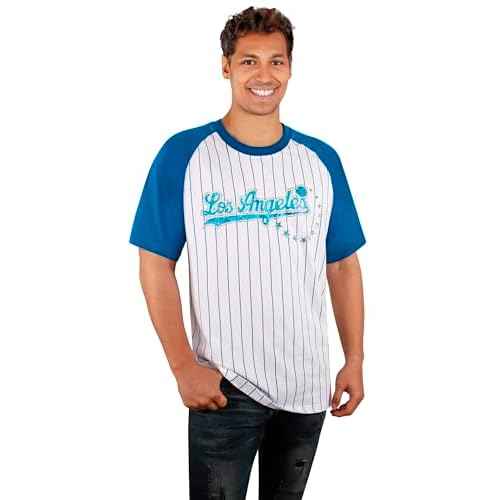 Mens City Baseball Fans Vintage Sporty Pinstripe Crew Neck Tee Shirts - Navy & Red