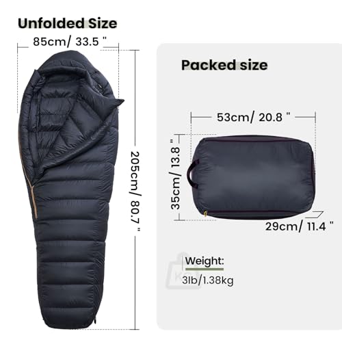 OneTigris Black Nordic Defender 2.0 Version - 5℉ Down Sleeping Bag Winter- Ultralight Backpacking Puffy 800 Fill Power 700...
