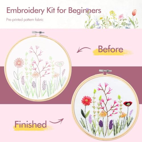 4 Pack Embroidery kit for Beginners Adults DIY Starter Kit, Cross Stitch Kits with Flower Stamped Patterns, Embroidery Hoo...