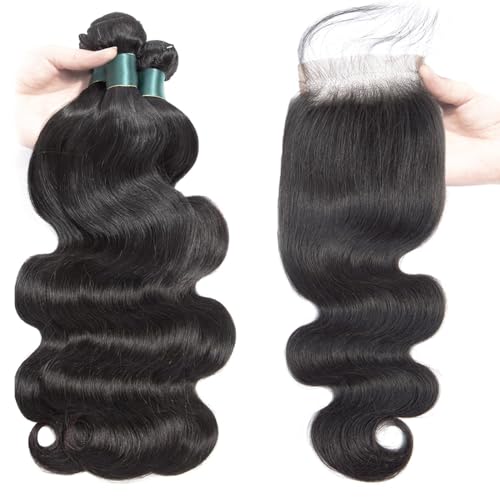 12A Bundles With Closure Human Hair 16 18 20+14 Inch,Body Wave Human Hair Bundles With 4X4 Hd Lace Closure,100% Unprocessed Brazilian Virgin Hair Weave Natural Black Color