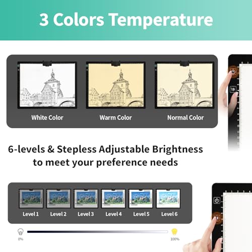 A3 Light Pad - Rechargeable Diamond Painting Light Board with Stand, 3 Colours Stepless Dimmable 6 Levels Brightness Traci...