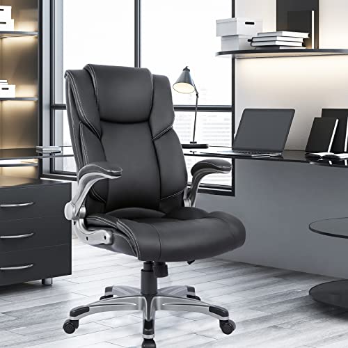 COLAMY High Back Executive Office Chair- Ergonomic Home Computer Desk Leather Chair with Padded Flip-up Arms, Adjustable T...