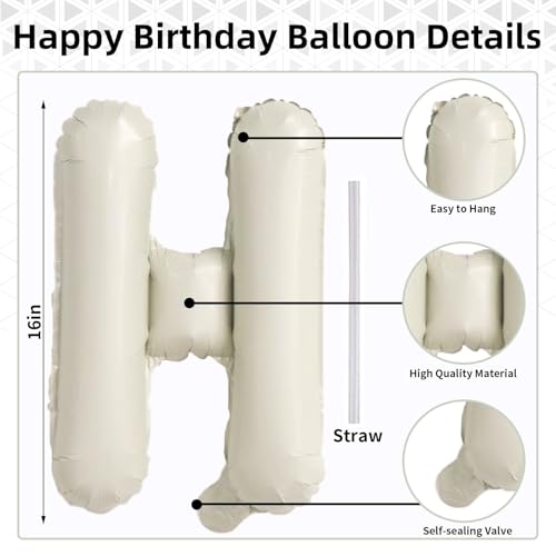 Cream Happy Birthday Balloon Banner, Neutral Beige Happy Birthday Foil Balloon, 16 Inch Ivory White Sand Born Day Bunting ...