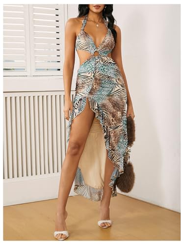 WDIRARA Women's Halter Cut Out Dress Floral Cheetah Print Asymmetrical Hem Sexy High Slit Mesh Ruffle Dresses