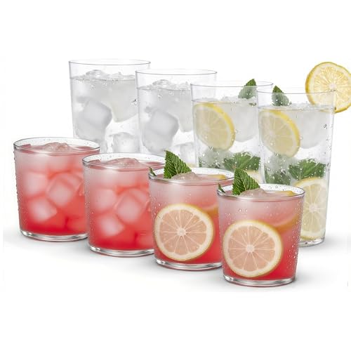 Liacere Drinking Glasses Set of 8, 17 oz Highball Plastic Glasses & 14oz Cocktail Plastic Glasses Set, Kitchen Water Glass...