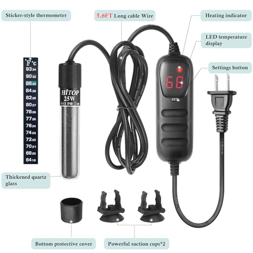 HITOP Mini Submersible Aquarium Heater - 50W Digital Heater for Fish Tank Turtle Tank 5-15 Gallon, Saltwater and Fresh Wat...