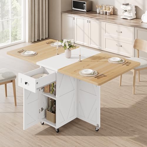 Jocoevol Space Saving Folding Dining Table for 4, Farmhouse Foldable Dining Table with Drawer and Storage Shelf, 6 Wheels ...