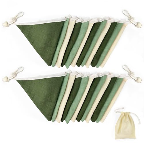 2 Sets of Sage Green Pennant Banner 24Pcs Nursery Garland Flags Olive Green Fabric Linen Triangle Streamers for Baby Room ...