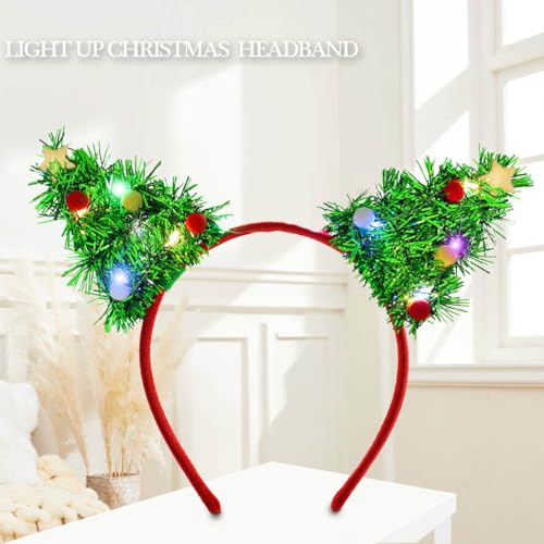 Fdesigner Light Up Christams Headband Green Xmas Hairbands Tinsel Cat Ear Headpiece LED Star Head Bands Holiday Glowing He...