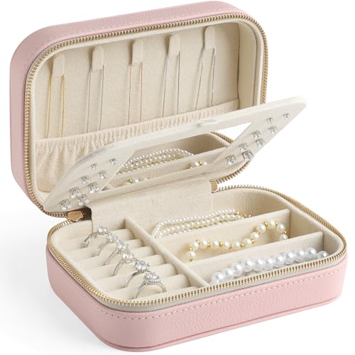 NGVRC Genuine Leather Travel Jewelry Organizer Case with Mirror for Women, Small Mini Portable Jewelry Box for Ring Earrings Necklace Bracelet Luxury Gift for Women（Pink）