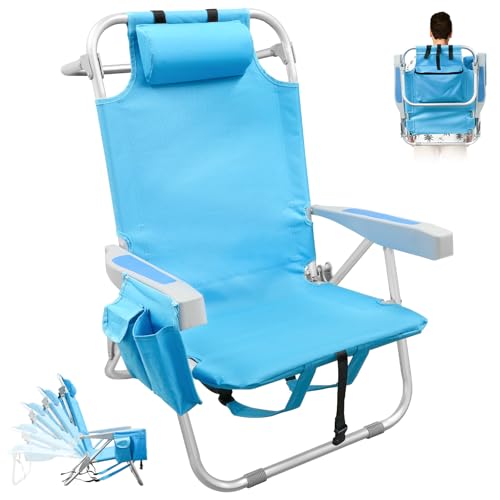Backpack Beach Chairs for Adults, Heavy Duty Compact Portable Lay Flat Folding Chair with Backpack Straps and Large Pocke...