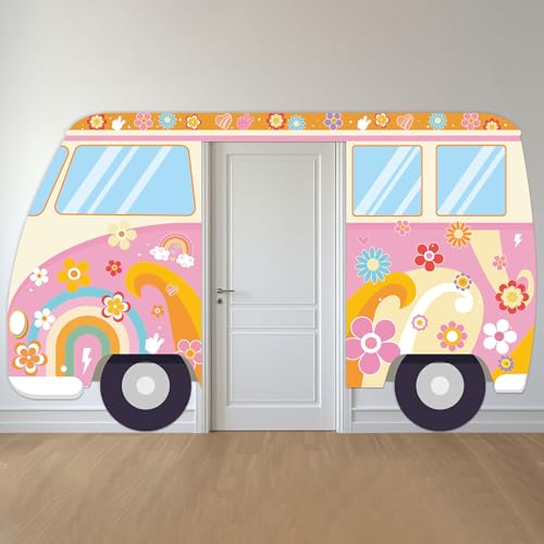 Hippie Bus Porch Signs Banners Groovy 60s Retro Bus Door Decor Hippie Party Supplies Daisy Door Backdrop 70s Daisy flower ...