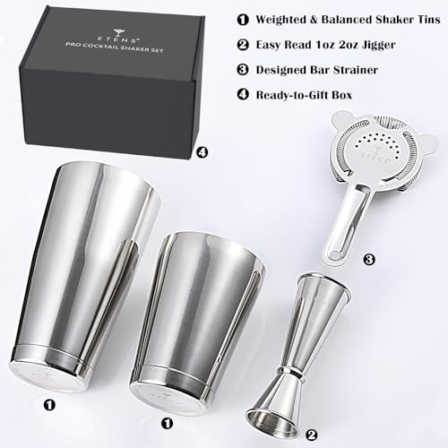 Etens Professional Cocktail Shaker - Weighted Boston Shaker Set with Hawthorne Strainer & Japanese Jigger for Drinks - Sta...