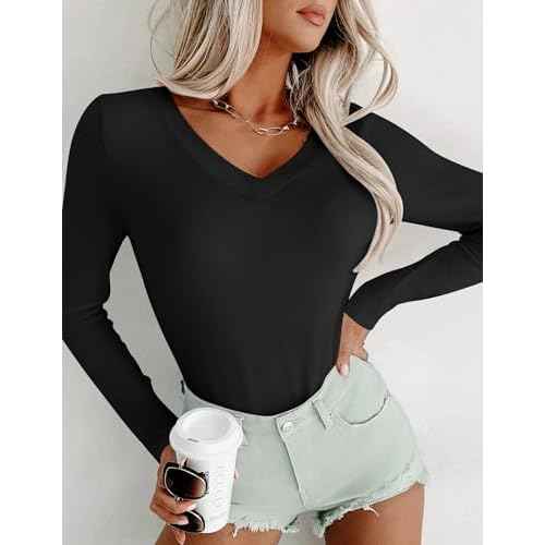 Ekouaer Womens 3 Pack Long Sleeve Shirts V Neck Slim Fit Lightweight Layer Tops 2024 Fall Clothes Thermal Undershirts