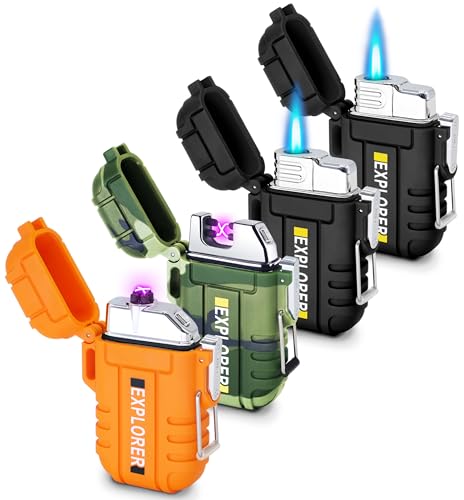 4 Pack Waterproof Lighter Outdoor Windproof Torch Lighters Dual Arc Lighters Butane Electric USB Rechargeable Flameless Pl...