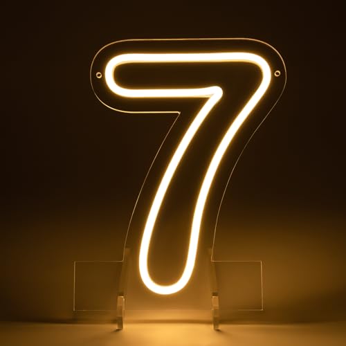 Number 7 LED Neon Sign Backdrop Birthday Party Decoration, 11.3" Height Warm White Marquee Numbers Seven Light Up Sign for...