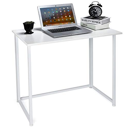 Leopard Folding Computer Desk for Small Spaces, No-Assembly Space-Saving Home Office Desk, Foldable Computer Table, Laptop Table, Writing Desk, Compact Study Reading Table (White)