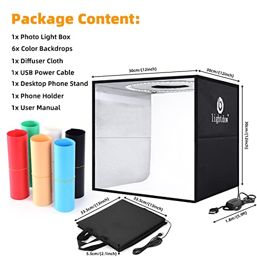 Lightdow 12"x12"x12" Photo Studio Light Box Photography with Desktop Tripod & 120 LEDs (CRI>95), 6 Backdrops - Portable/Di...