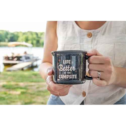 Camco Life is Better at The Campsite Ceramic Coffee Mug - Microwave and Dishwasher Safe - Features Speckled Blue Background with Life is Better at the Campsite Design - Coffee Cup Holds 14oz. (53473)