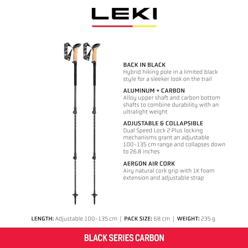 LEKI Black Series Carbon Adjustable Lightweight Walking Poles for Trekking & Hiking