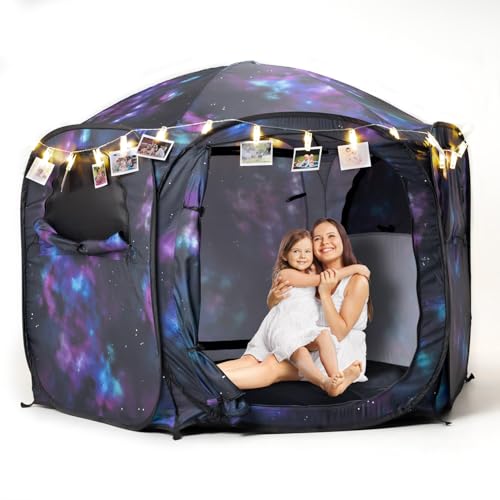 Kids Pop Up Play Tent with Fairy Lights, Hexagonal House with Removable Mat, Indoor Playhouse for Children, Galaxy Theme G...
