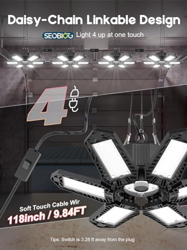 SEOBIOG 2 Pack Plug in Garage Light, Upgraded 200W 20000LM Linkable LED Shop Light, 6500K Ceiling Lights w/ 6 Deformable P...