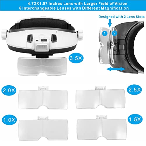AmsOpto Large Lens Head Magnifier Headband Magnifying Glass with Light Hands free 8 LED Magnifier with White and Yellow Li...