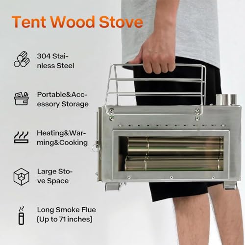 Dandelion shell Portable Camping Wood Stove with View Glass and Cooking Function, 8 Stainless Steel Chimneys for Shelter, ...