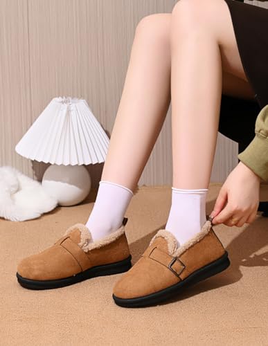 Women's Faux Suede Fuzzy Lined Loafers, Buckle Decor Slip-On Comfortable Warm Casual Shoes for Winter