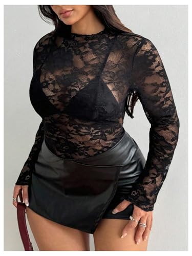 SHENHE Women's Plus Size Tops Lace Long Sleeve Mock Neck See Through Sheer Mesh Tee Shirt Tops