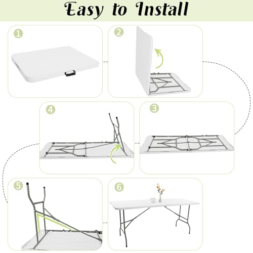 Fivenl 2 Pack 6 FT Folding Tables White Foldable Table, Fold-in-Half with Carrying Handle Portable Plastic Rectangular Tab...