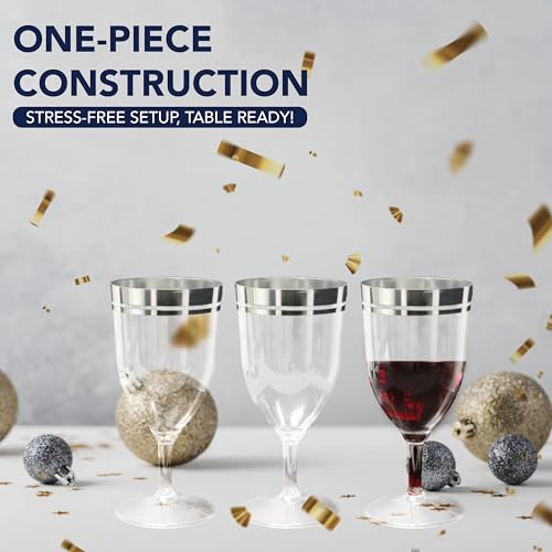 Party Essentials Disposable All-Purpose One-Piece 8 oz Plastic Wine Glasses Cups with Stem, 8-Count, Clear with Silver Rim
