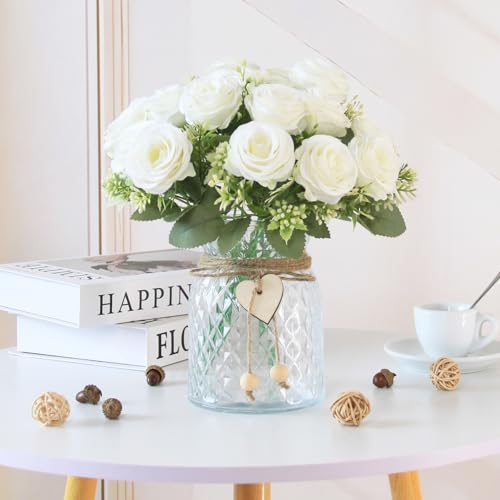 Leayiuvan Fake Flowers in Vase,Fake Flowers with Vase 18 Pcs Faux Rose Flowers,Artificial Flowers for Home Decor, Indoor C...