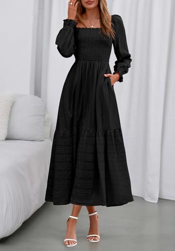 BTFBM Women Maxi Fall Dresses 2025 Long Sleeve Solid Color Square Neck Smocked Boho Long Wedding Guest Dress