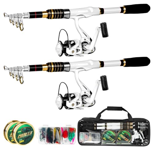 White Fishing Pole Combo, 2PCS 5.9FT Telescopic Fishing Rod and Reel Combo Spinning Reels Lures Set Fishing Line Carrier B...