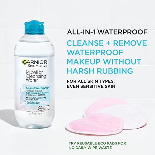 Garnier Micellar Water For Waterproof Makeup, Hydrating Facial Cleanser & Makeup Remover, Suitable for Sensitive Skin, Veg...