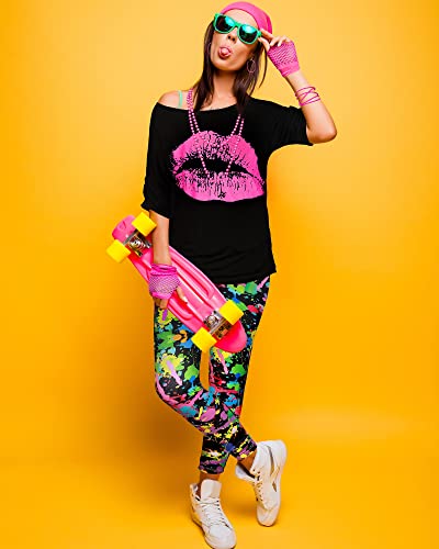 Blulu 80s Women Costume Set, Lips Print off Shoulder T-shirt, Geometric Legging Pants Earring Necklace Gloves Bracelet