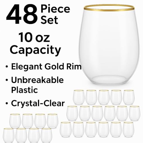 48 piece Stemless Unbreakable Crystal Clear Plastic Wine Glasses Set of 48 Small (10 Ounce - Gold Rim)